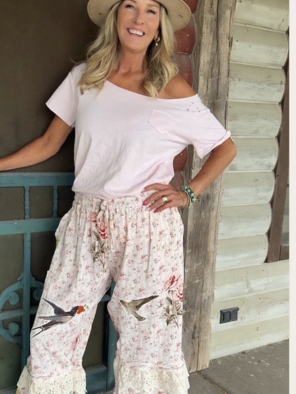 Floral Bird Print Elastic Waist Ruffle Hem Bottoms - Cream Xl New Without Tags - Picture 9 of 12
